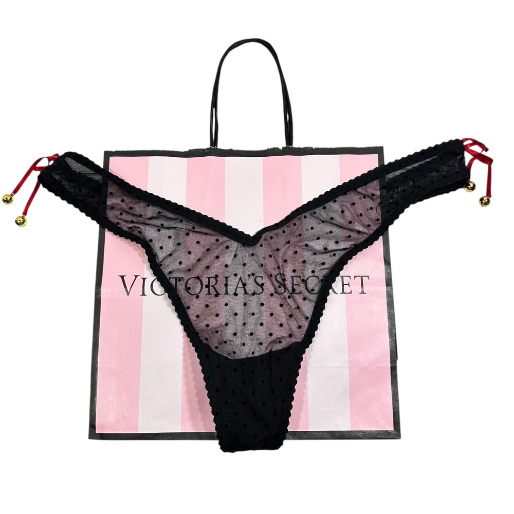 Victoria's Secret‎ High-Leg Thong Panty L Black Polka Dot Mesh Red Ribbon Bells